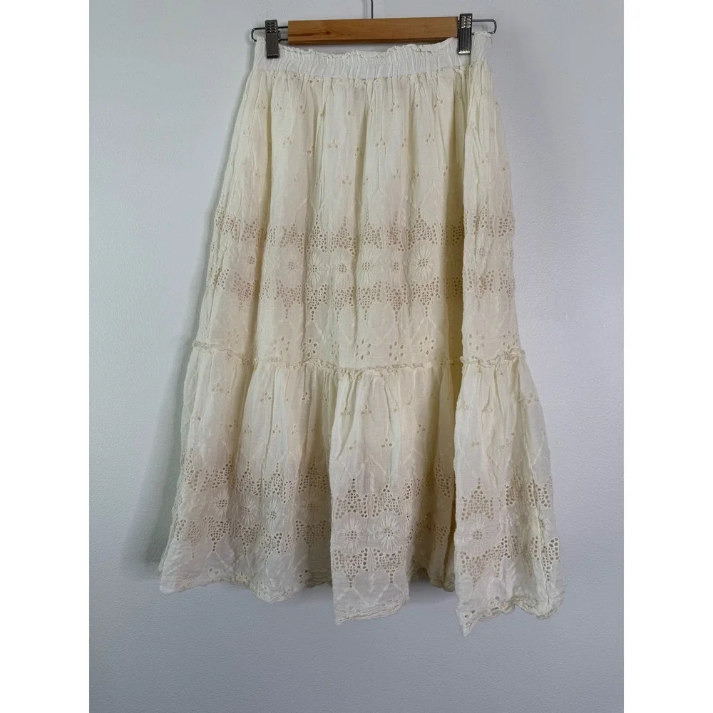 Liv Los Angeles Cream Eyelet Cotton Tiered Midi Skirt Small Boho Cottagecore - Picture 3 of 7